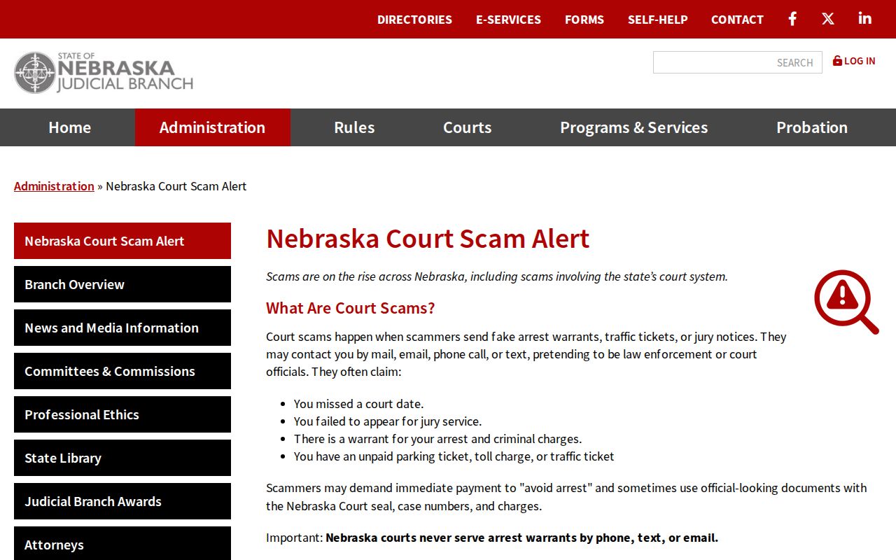 Dakota County warrant records Nebraska court scam warning